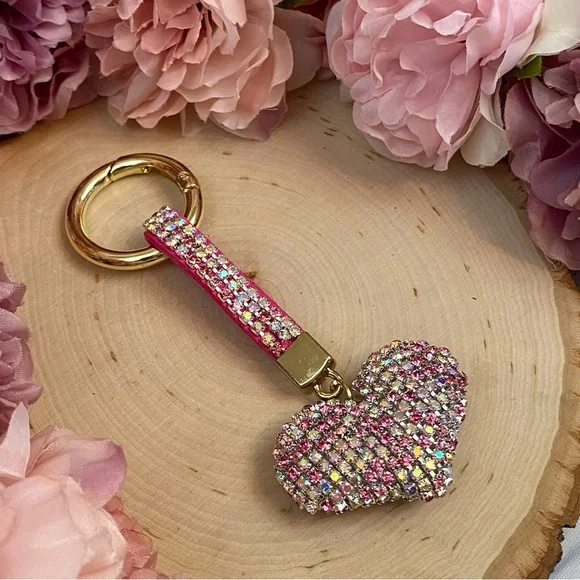Chic Multicolor Pink Crystal & Leather Heart Keychain - Picture 6 of 11